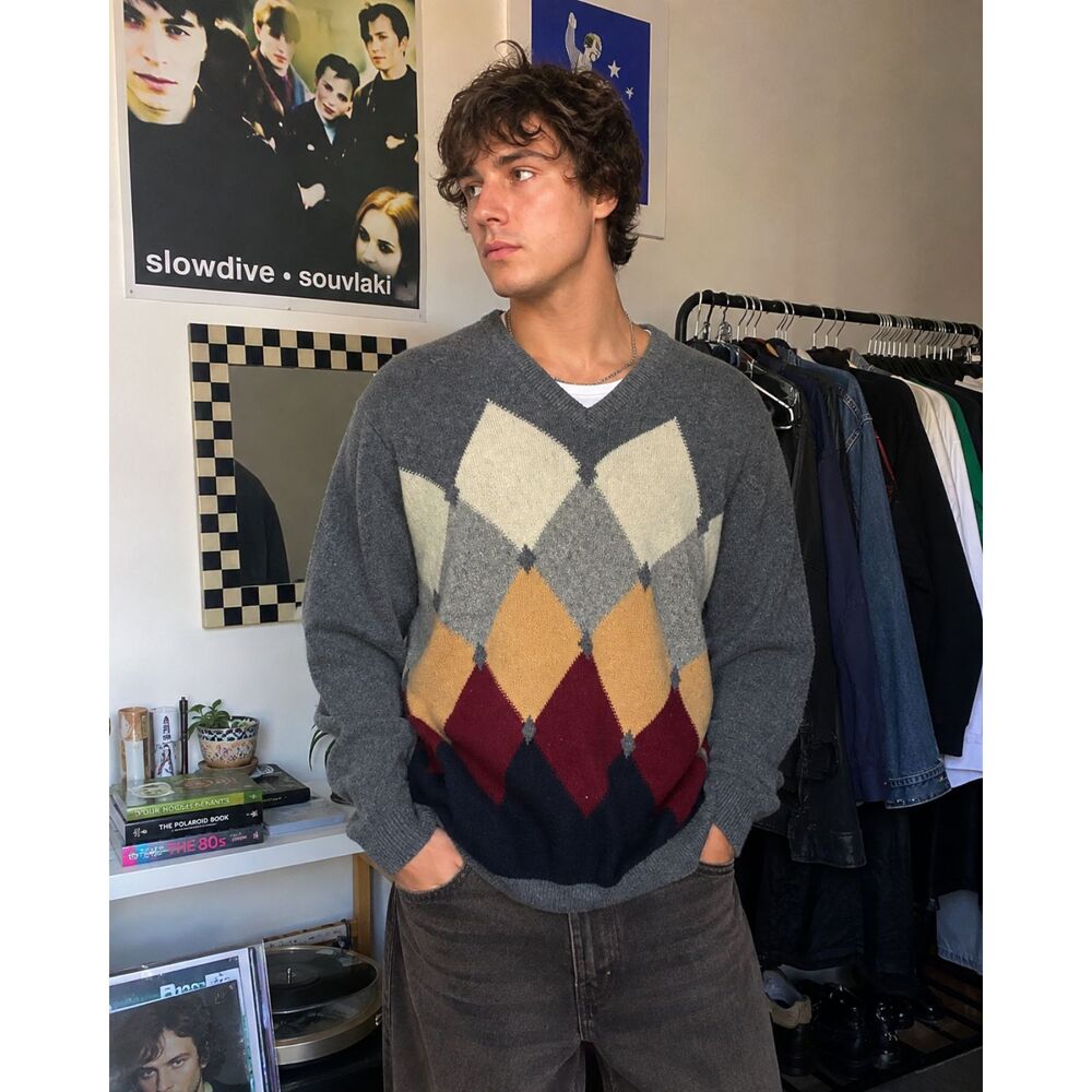 Pringle Gray Argyle 100% Cashmere Pullover V Neck Sweater Top  Mens Size Medium